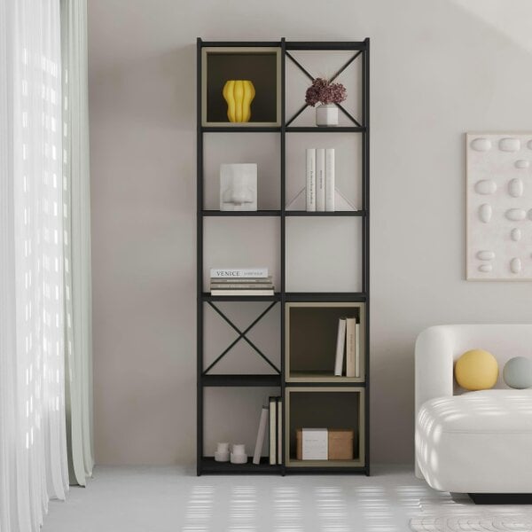 Decortie Modern Vale Midi Bookcase Display Unit 5-Tier Metal Frame 3 Adjustable Shelf 18mm Engineered Wood (Black Wood