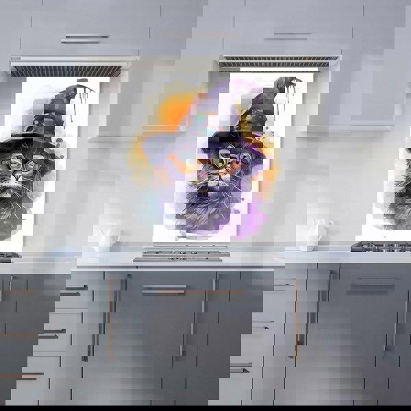 Warren Reed - Designer Splashart Cat In A Witches Hat Kitchen Splashback