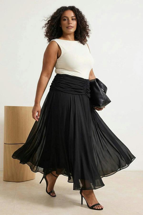 WOVCOR Draped Boho Chic Printed Tulle Stretch Knit Skirt