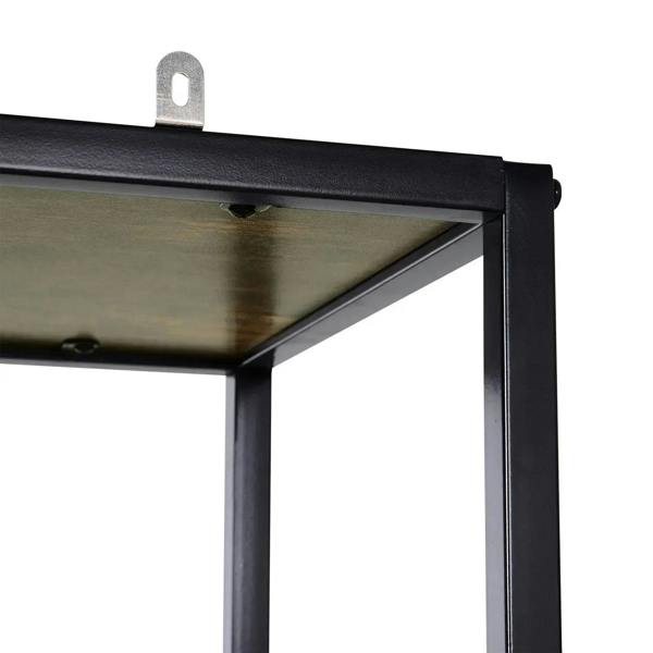 Black steel frame corner with rustic brown shelf and bracket detail for stability