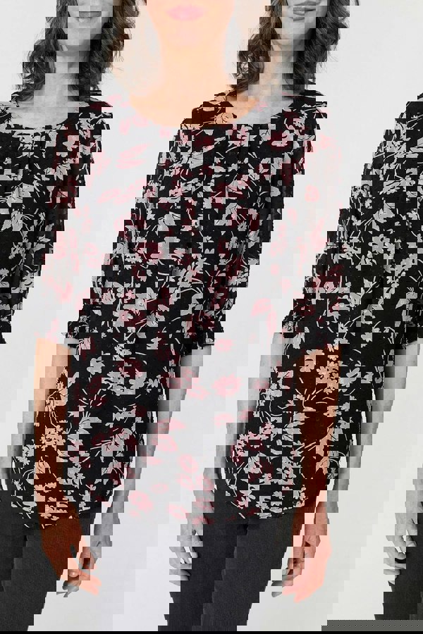 Black | Floral Relaxed 1/2 Puff Sleeve Blouse
