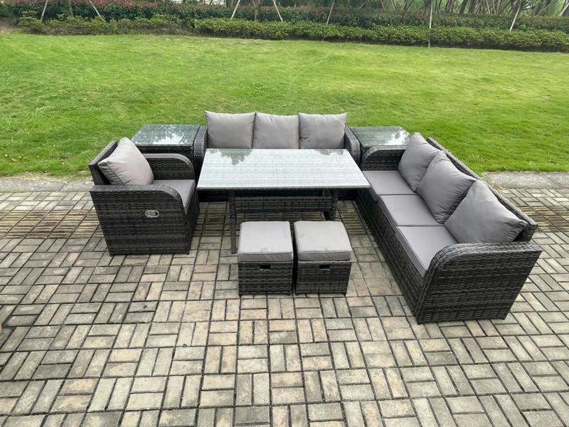 Fimous 9 Seater Rattan Garden Furniture Patio Set, Dining Table, 3 Seater Sofa, 2 Small Footstools, 2 Side Tables, Dark Grey Mixed