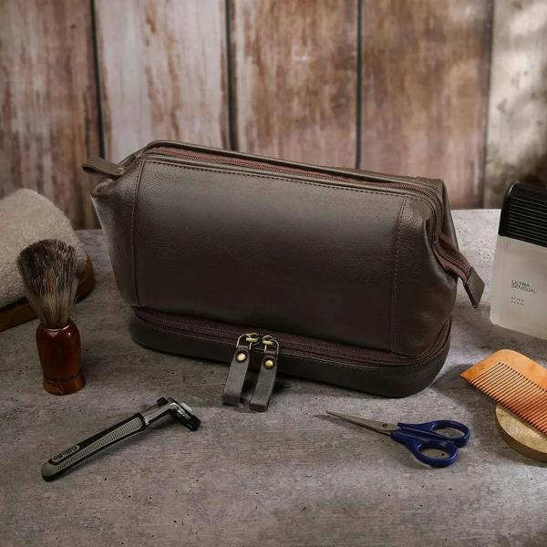 Leather Toiletry Wash Bag Brown 1