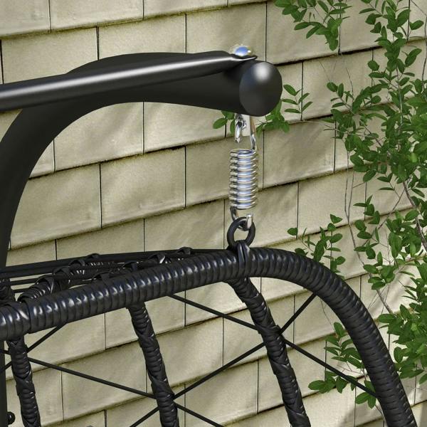Close-up of black hanging egg chair frame with spring hook and hanging chain