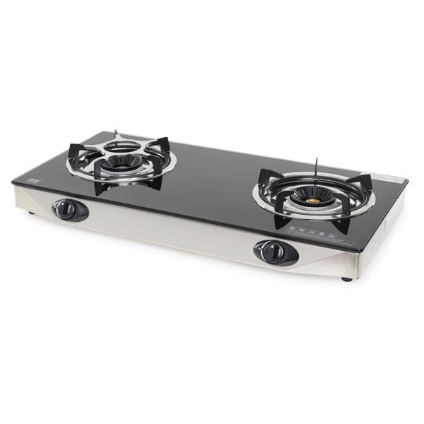 Two-burner indoor gas stove on a white background