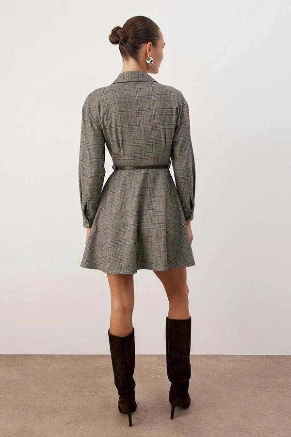 WOVCOR Belted Argyle Belted Mini Woven Dress
