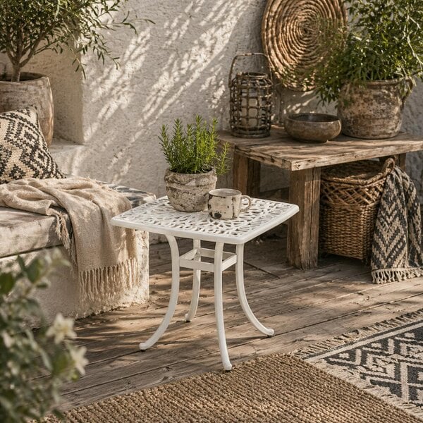 Wyld Haus Zisu Cast Aluminium White Square Outdoor Bistro Table With Umbrella Hole