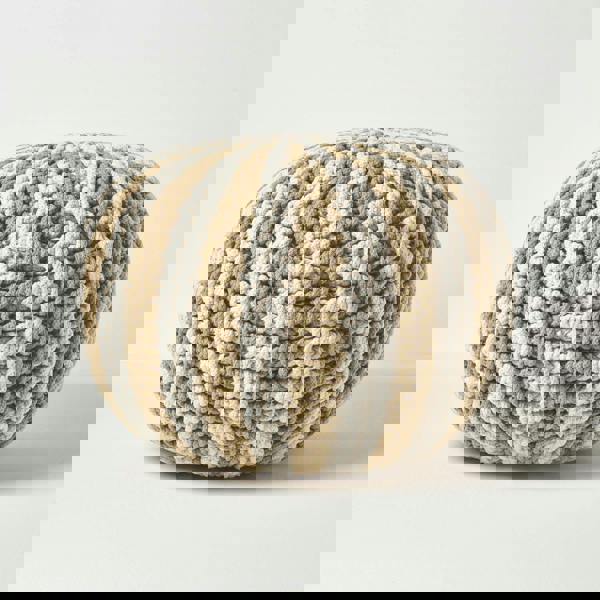 HOMESCAPES Off White and Linen Knitted Pouffe Striped Footstool