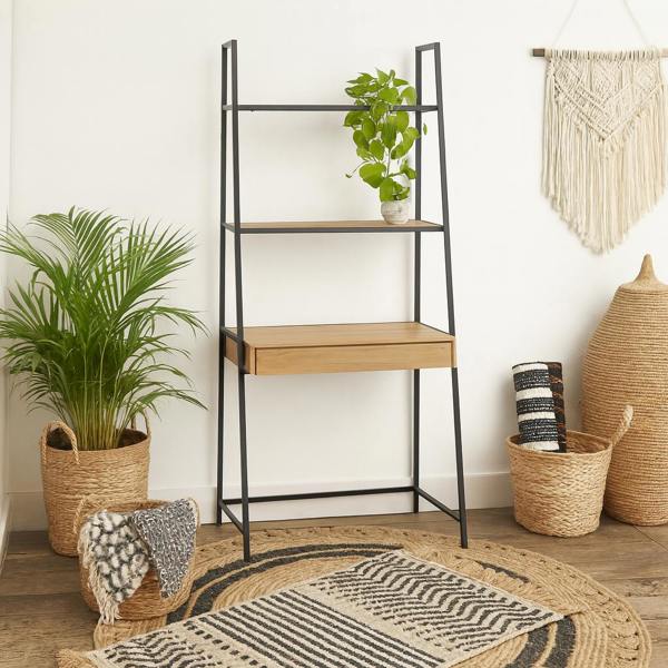 Wyld Haus El Paso Black Metal and Wild Oak Veneer Bookcase Desk 1 Drawer 2 Shelves