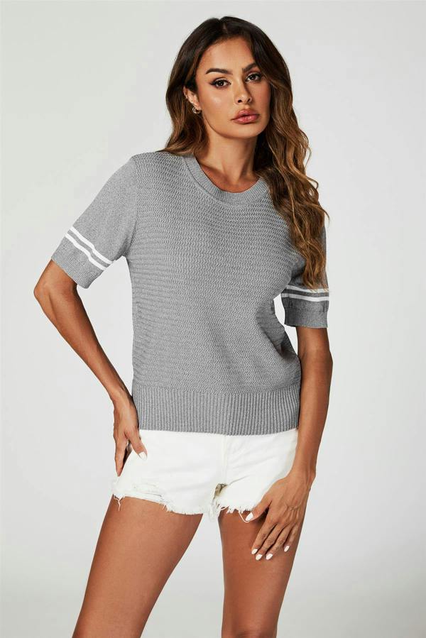 FS Collection Striped Detail Knitted T-Shirt with Crew Neck In Grey
