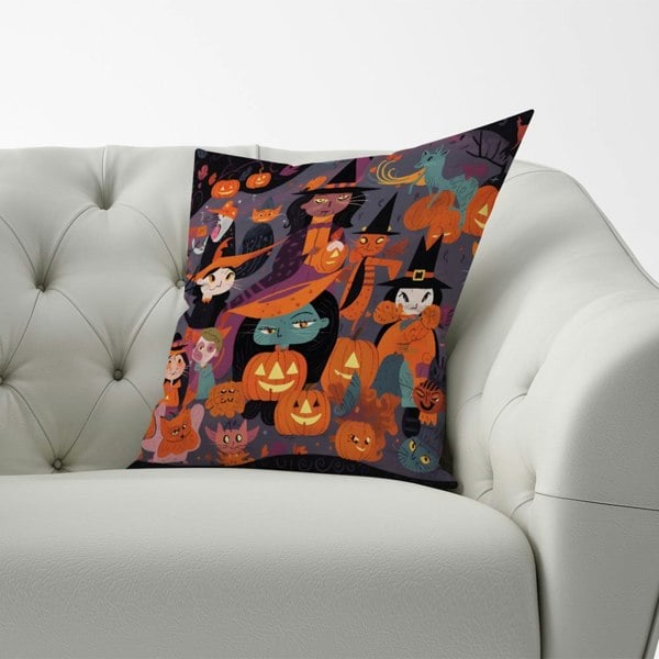 Warren Reed A Vibrant Illustration Of Witches And Pumpkin Cushions