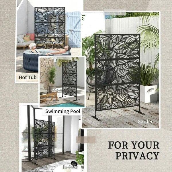 Metal Decorative Privacy Screen Outdoor Divider, Black Leaf