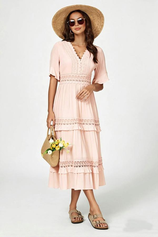 FS Collection V Neck Lace Detail Midi Dress In Soft Champagne