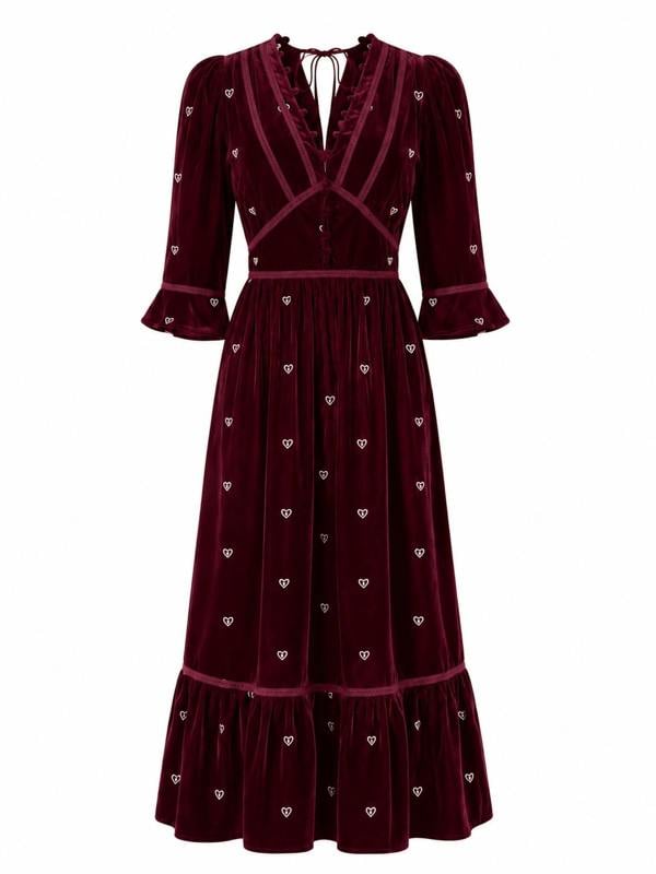 Rose & Nancy Giselle Burgundy Embroidery Velvet Midi Dress
