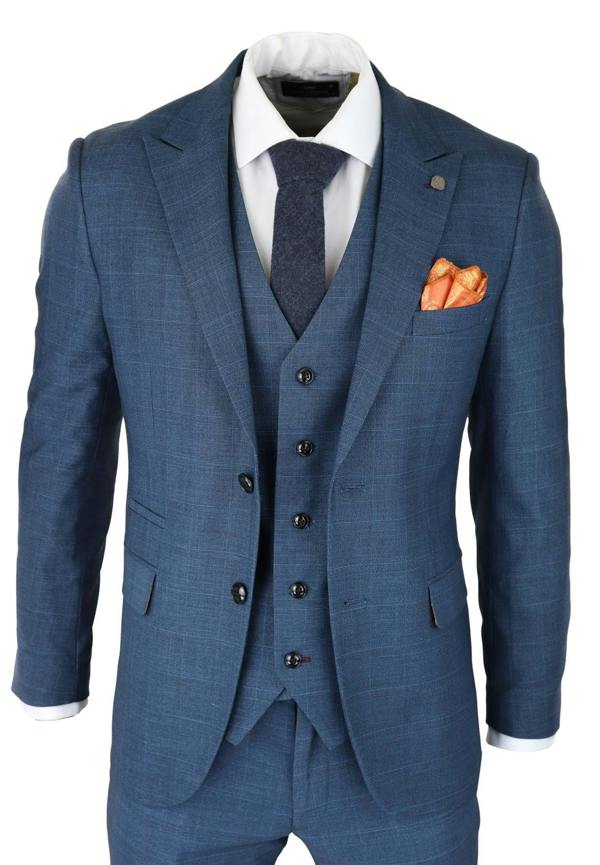 Paul Andrew Mens 3 Piece Blue Suit Prince Of Wales Check Classic Light Tailored Fit Modern