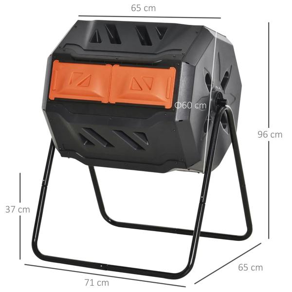 Orange dual-chamber rotating composter with front sliding doors and size dimensions