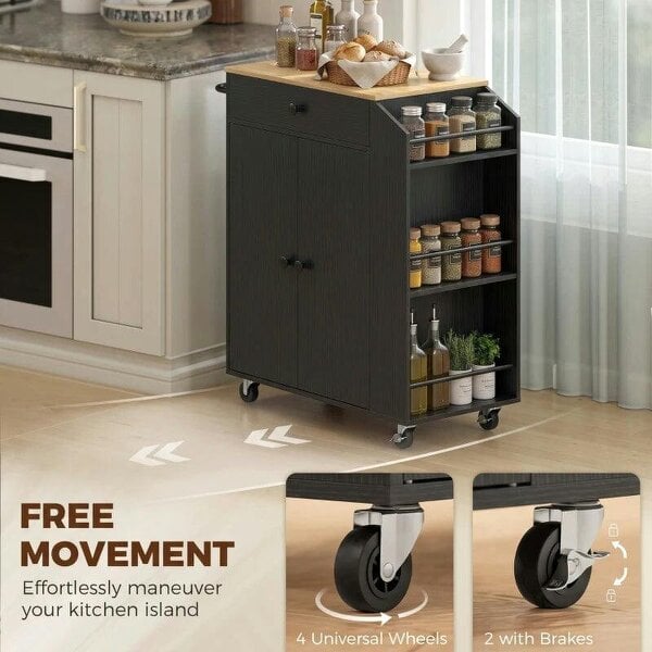 Rolling Kitchen Island with 3-Tier Spice Rack, Kitchen Storage Cart with Drawer and Towel Rack, Black