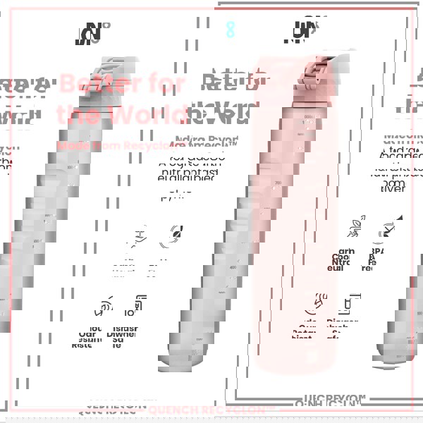 A pink water bottle sits against a white background. It is made from a plant-based polymer and is BPA free, dishwasher safe, odor resistant, and carbon neutral. The bottle is marked with measurements in milliliters and ounces. "Better for the World," "Made from Recyclon™," and "Quench Recyclon™" are written on the advertisement.