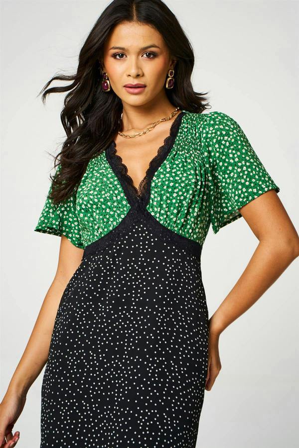FS Collection Black Dot & Green Floral Print Angel Sleeve Maxi Dress