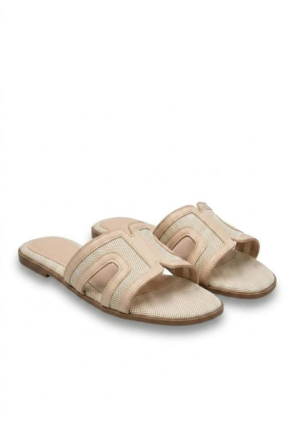 Reya Open Toe Contrast Trim Cut Out Flat Sandals - Beige_wb