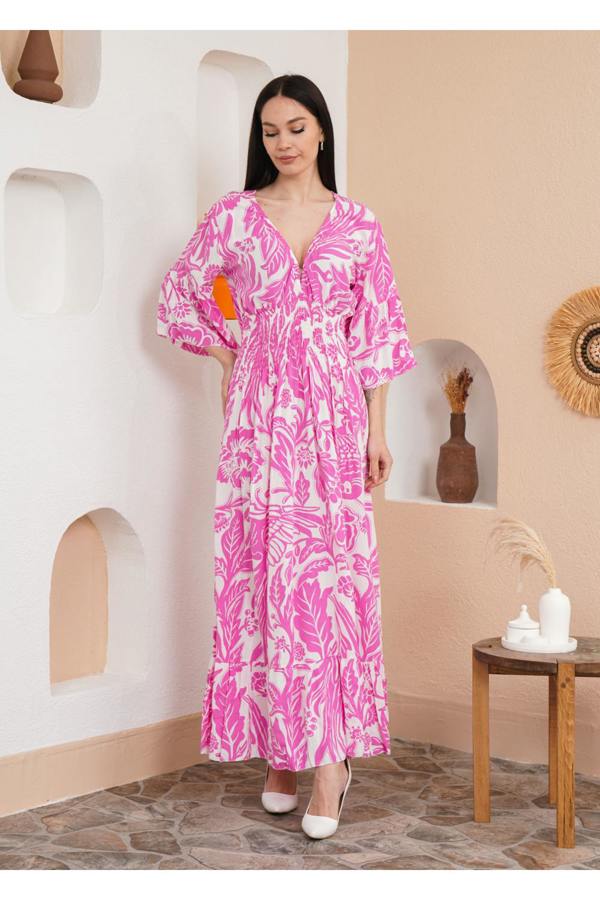 Hoxton Gal Oversized V Neck Shirred Waist Floral Print Maxi Dress in Pink