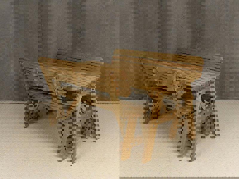 Victoria Space-Saving Rounded Picnic Table and Bench Set with Backrest – Rustic Finish Wooden Outdoor Dining Set for Gardens and Patios