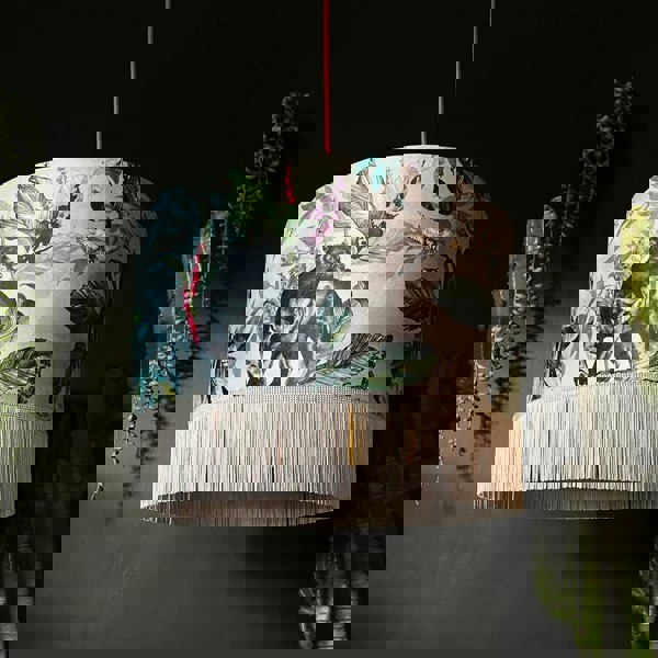 Handmade Fringed Velvet Lampshade with Gold Lining in Dust Grey and Cloud Grey Fringing