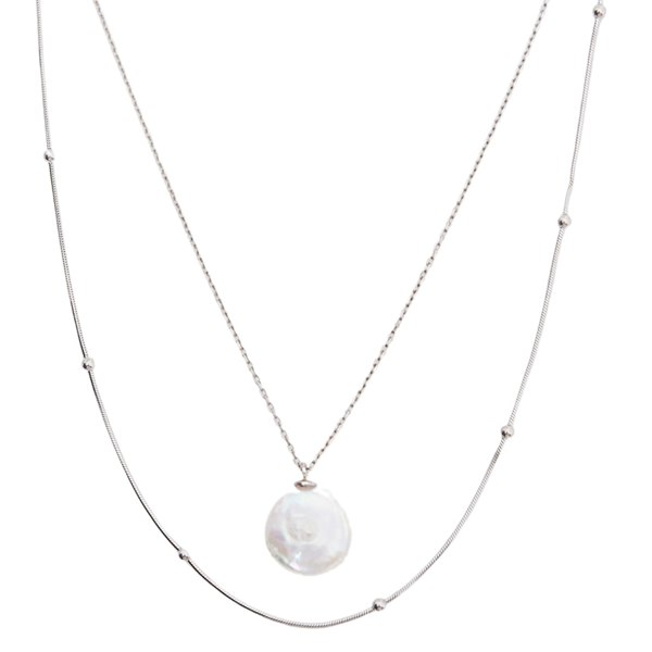 Spero London Baroque Flat Pearl Pendant and Italian Beaded Sterling Silver Stacking Necklace Set