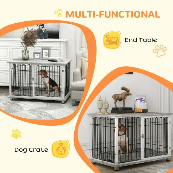 Multi-functional dog crate end table with grey cushion and black wire front door
