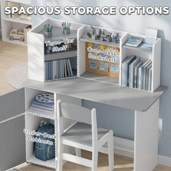 Kids Desk and Chair Set Storage Shelves Kids Desk Adjustable Tablet Stand Cork Board Pen Holder Grey