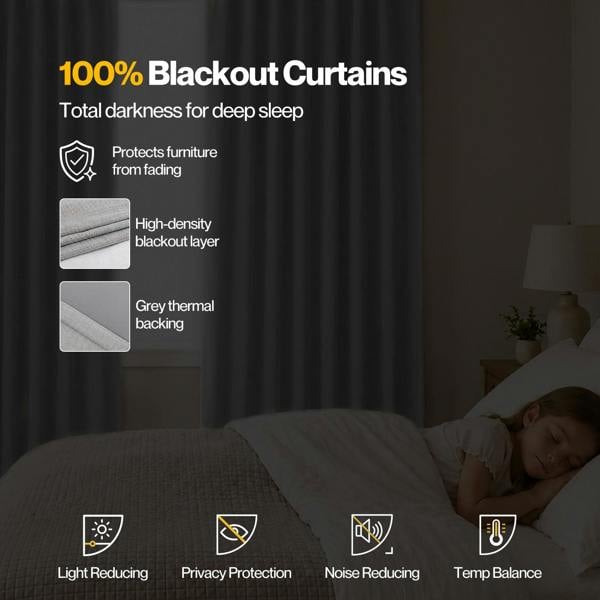 Marlow 100% Blackout Curtains Thermal Linen Look Pair Ready Made 52x84 in Grey