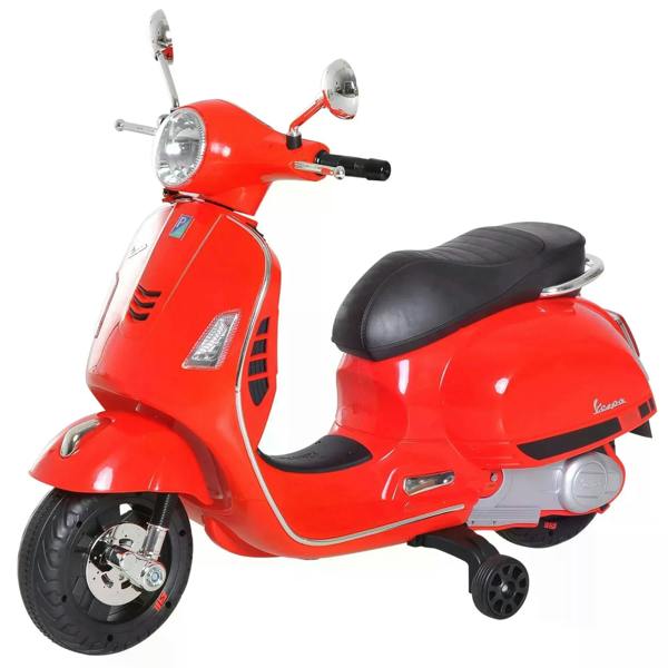 Red 6V kids ride-on motorcycle scooter side view with chrome headlight and black seat