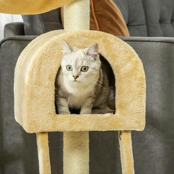 Beige enclosed cat house with plush opening and a sitting cat inside