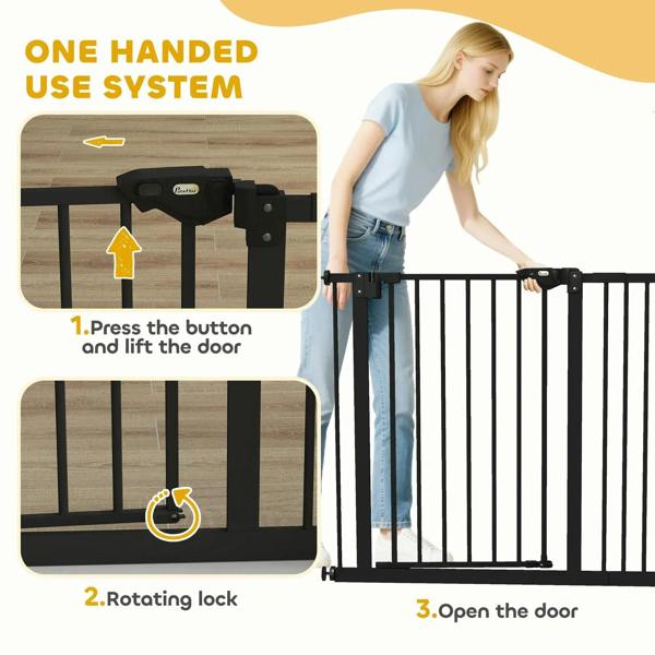 Black safety gate with top latch and rotating lock mechanism