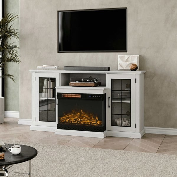 Smallbee 3-Sided Fireplace TV Stand Wood With Glass Door Storage Smallbee UK White Fireplace TV Stand