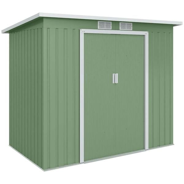 Green galvanised steel garden shed with double doors and side panel detail