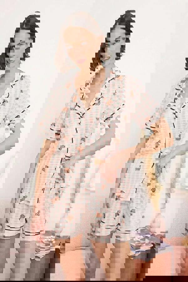 WOVCOR 100% Cotton Plaid Checkered Teddy Bear Patterned Knitted Pajama Set