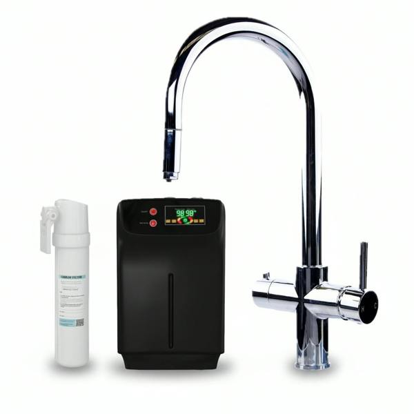A modern round neck pull out chrome boiling water tap, boiler + carbon filter on a white background