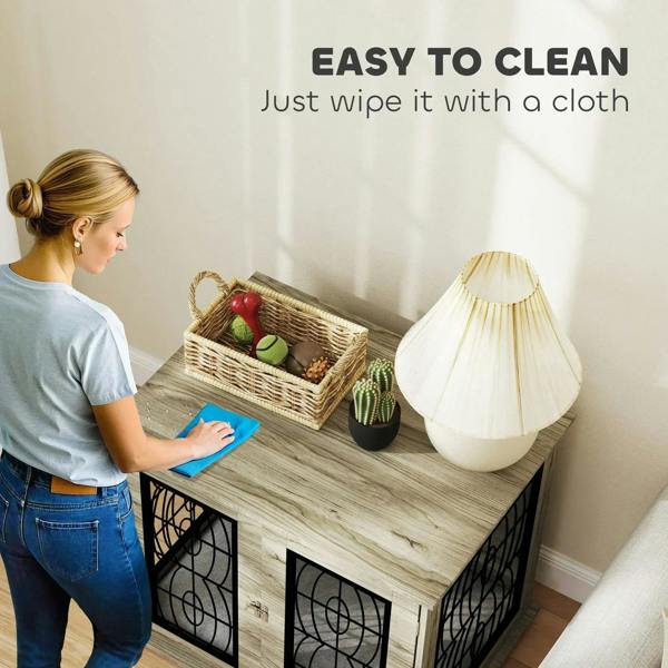 Gray dog crate end table with elevated door panels; washable surface wiping recommended.