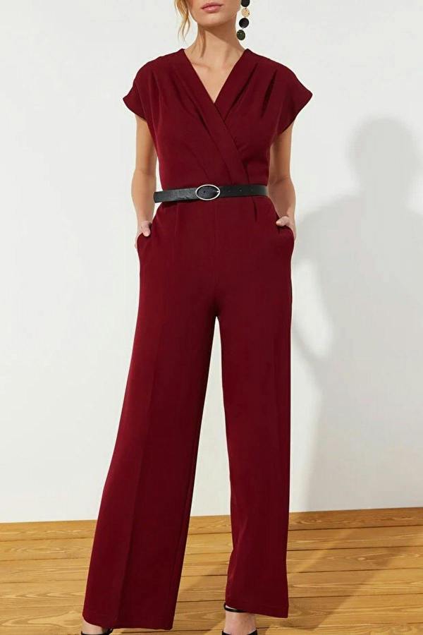 WOVCOR Wrap-Neck Wide-Leg Woven Jumpsuit with Belt