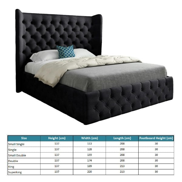 Casa Magna Florence Wide Winged Upholstered Soft Velvet Bed Frame - Black