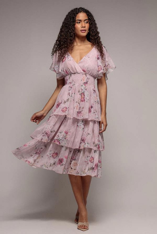 Layered Floral Midi With Flutter Sleeves - Blush DR3219