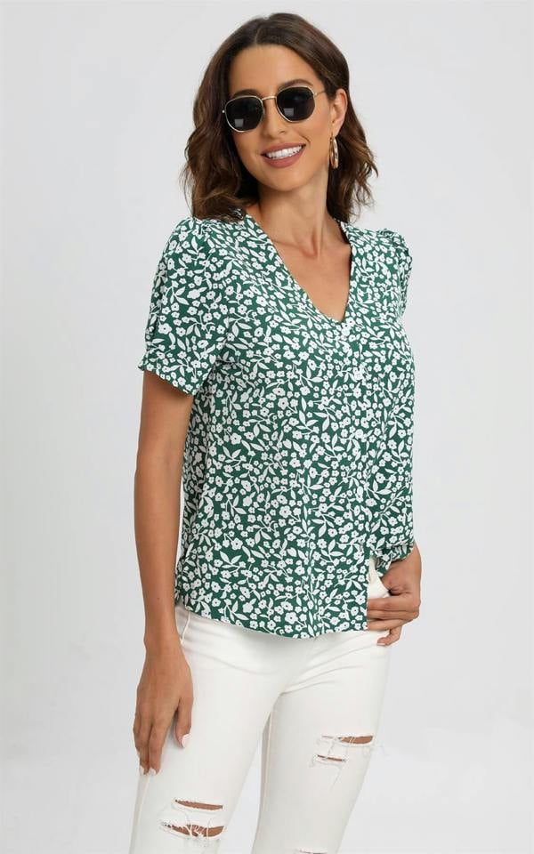 FS Collection Short Sleeve Buttoned Blouse Top In Green & White Flora  Print