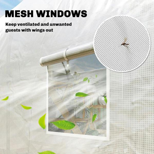 White polytunnel greenhouse mesh window panels with screened ventilation