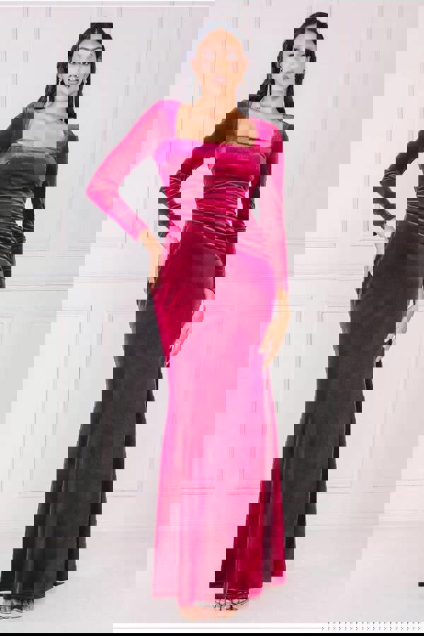 Square Neck Gathered Waist Velvet Maxi - Burgundy DR3994