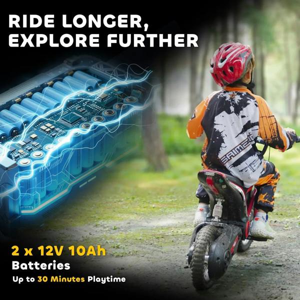 Red electric kids motorbike with rider moving forward on a path