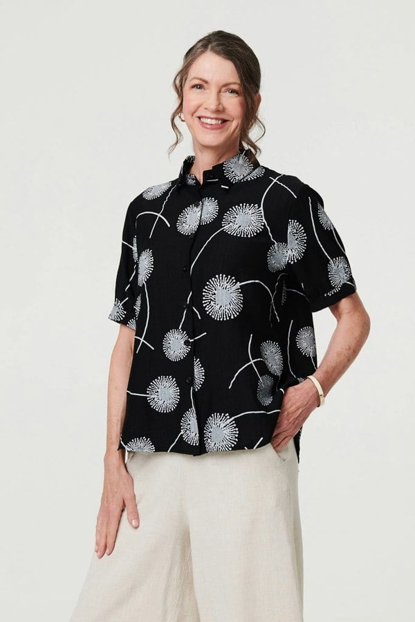 Black | Printed 1/2 Sleeve Button-Up Shirt

