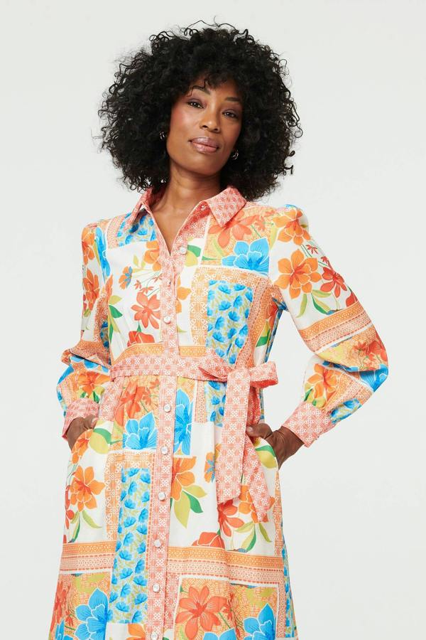 Orange | Patchwork Tie Waist Midi Shirt Dress