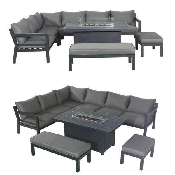 Furniture One Outdoor Gas Fire Pit 8 Seater Dining Table Set, Corner Sofa with Soft Cushions & 2 Benches