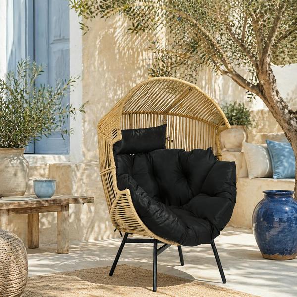 Wyld Haus Molaha Rattan Natural And Black String Style Egg Chair With Padded Cushion